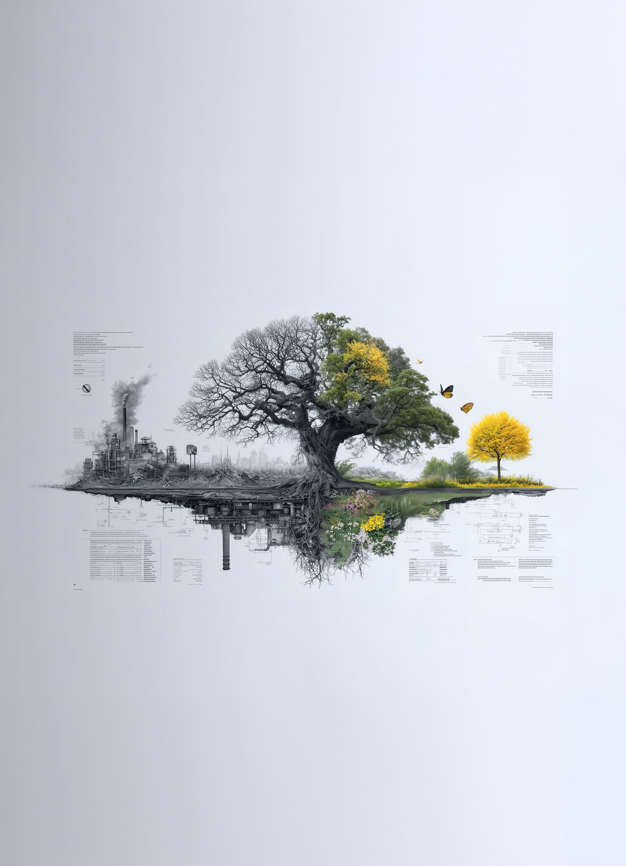 Return to Eden — a tree transitioning from industrial decay to flourishing nature